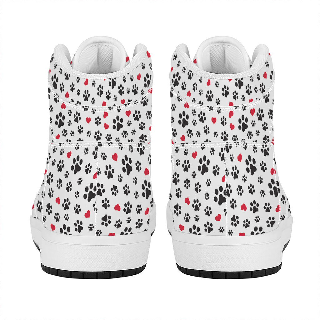 Black Paw And Heart Pattern Print High Top Leather Sneakers