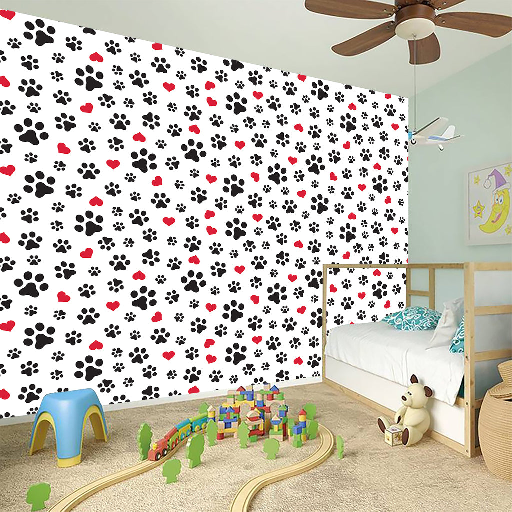 Black Paw And Heart Pattern Print Wall Sticker