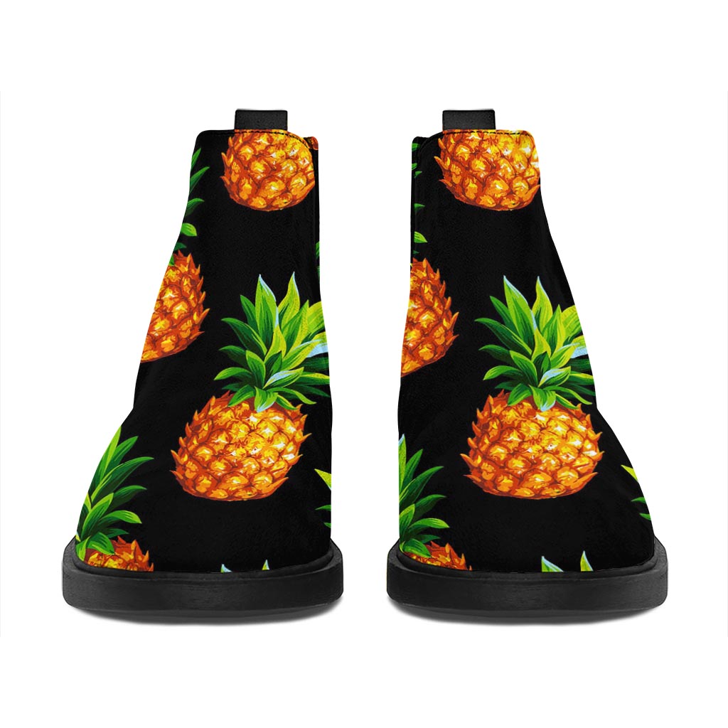 Black Pineapple Pattern Print Flat Ankle Boots