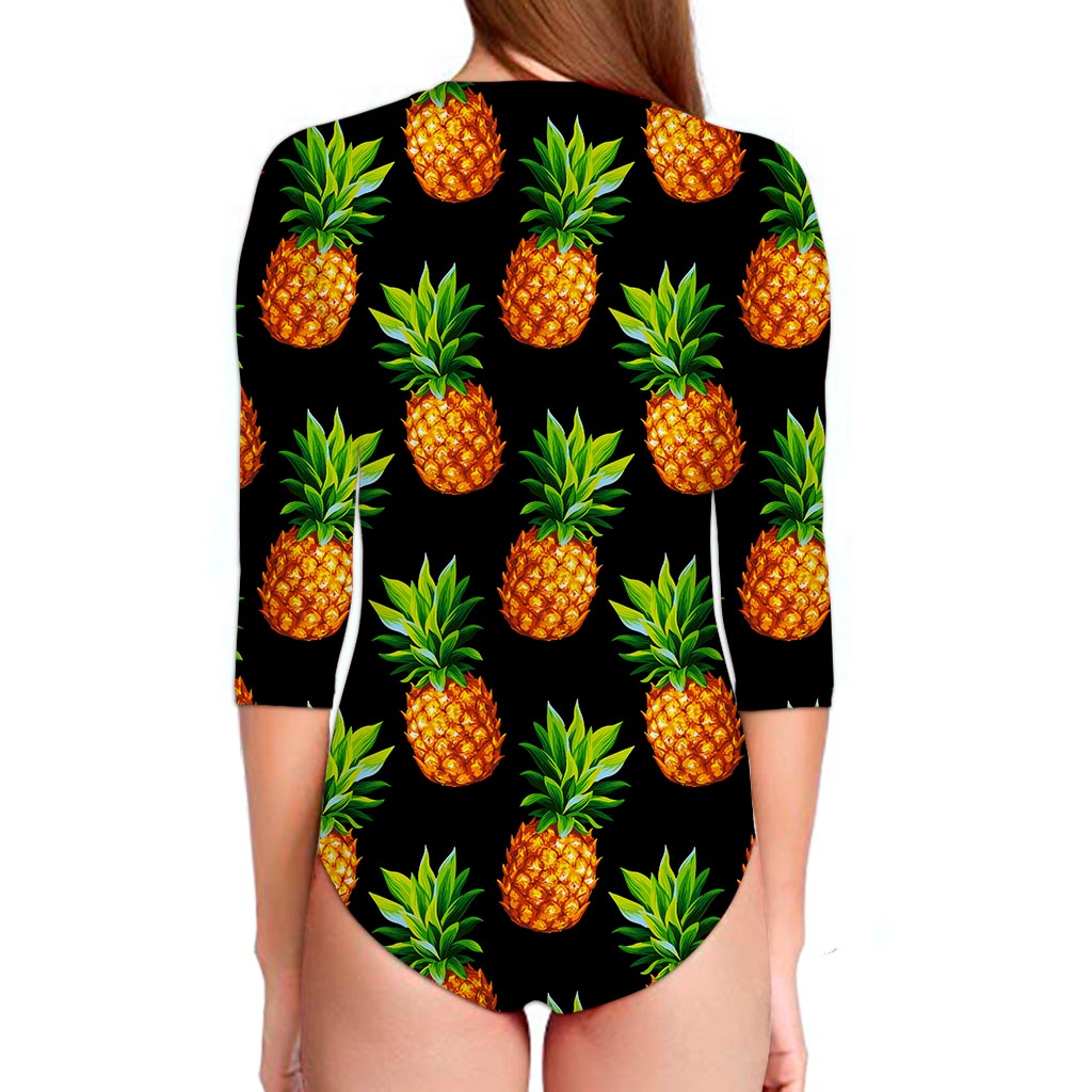 Black Pineapple Pattern Print Long Sleeve Swimsuit