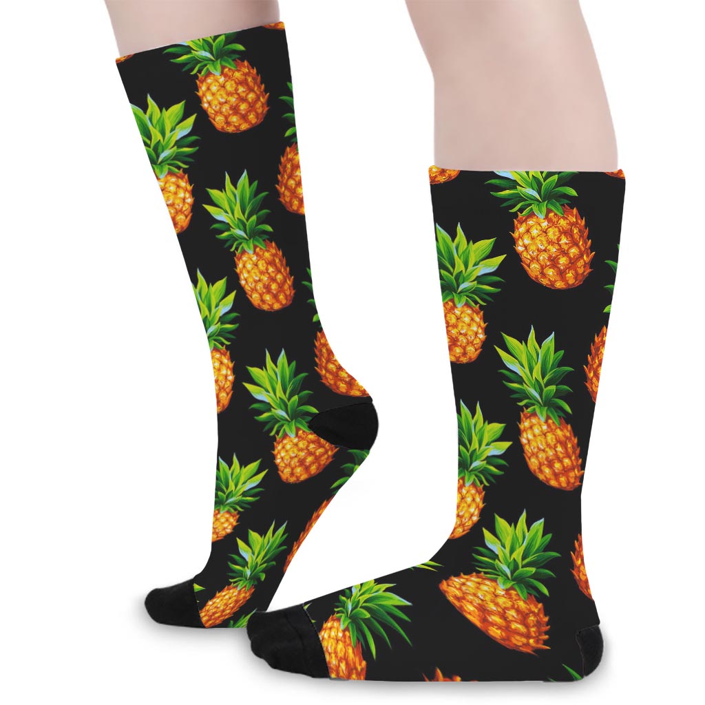 Black Pineapple Pattern Print Long Socks