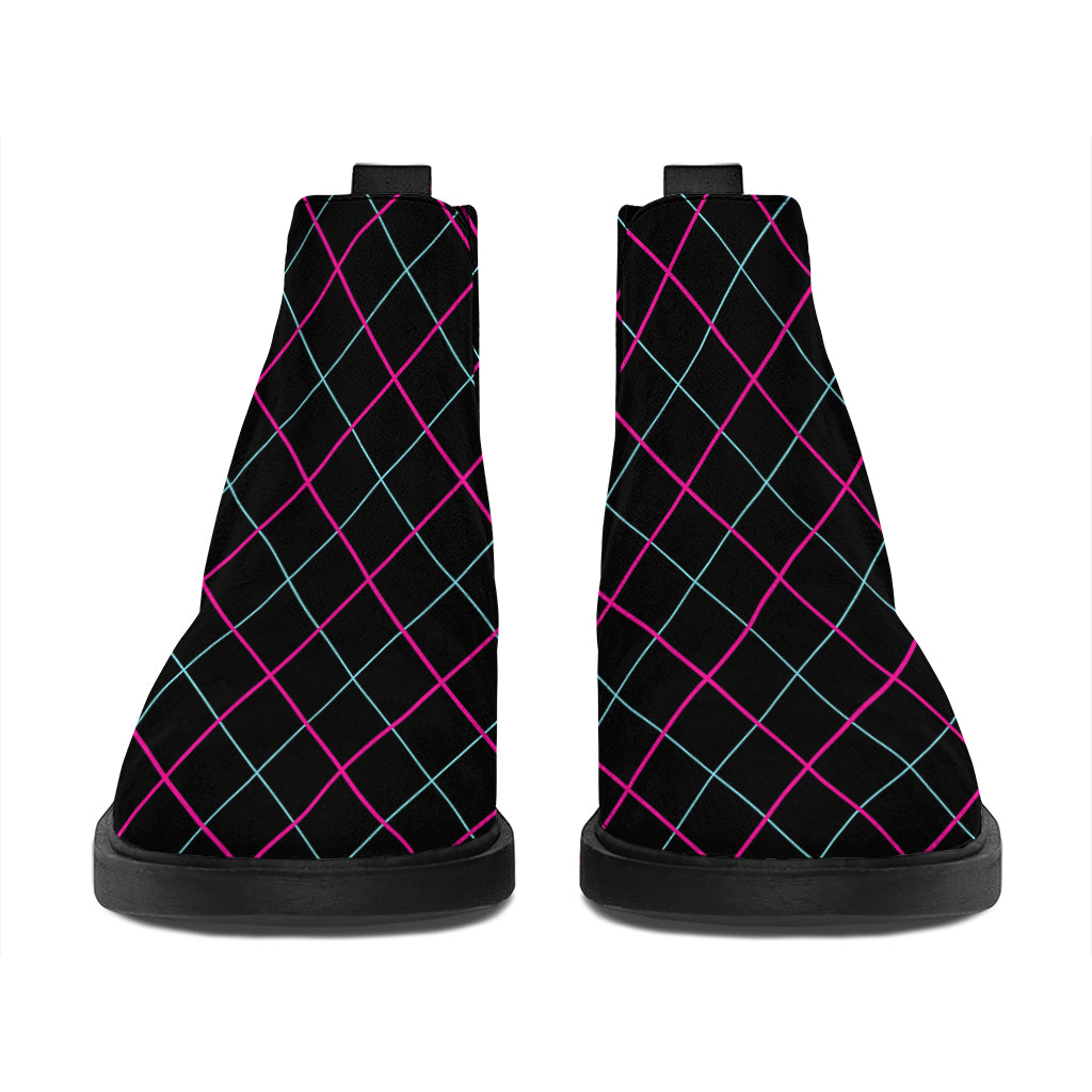 Black Pink And Blue Argyle Pattern Print Flat Ankle Boots