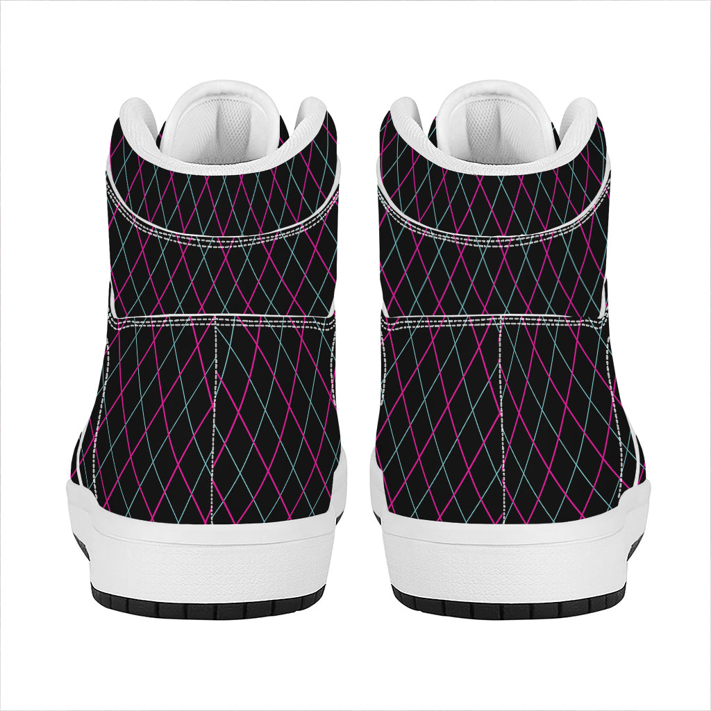 Black Pink And Blue Argyle Pattern Print High Top Leather Sneakers