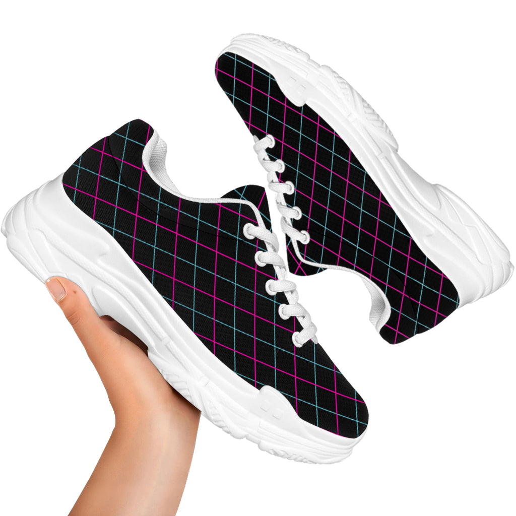 Black Pink And Blue Argyle Pattern Print White Chunky Shoes