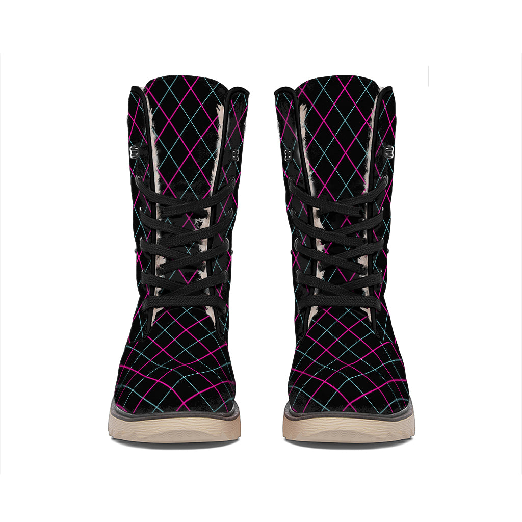 Black Pink And Blue Argyle Pattern Print Winter Boots