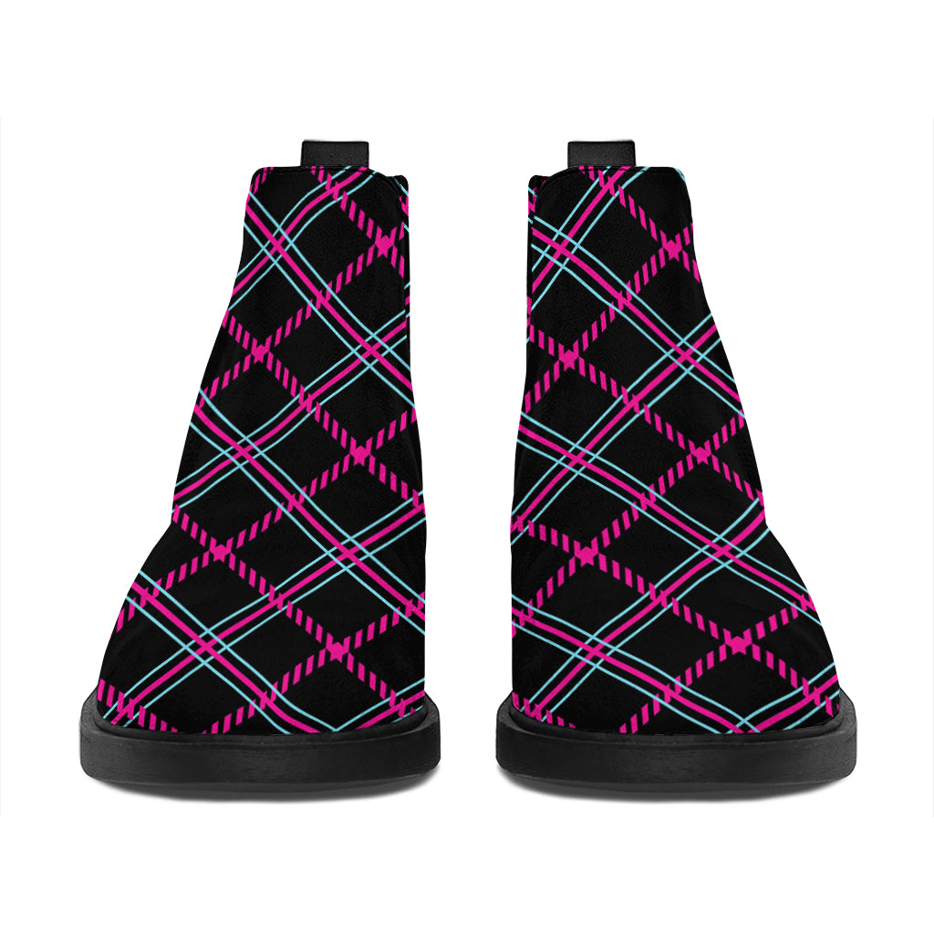 Black Pink And Blue Tartan Pattern Print Flat Ankle Boots