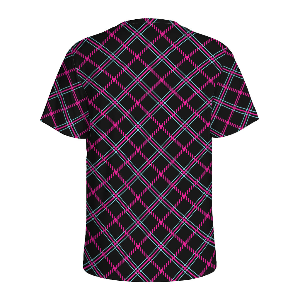 Black Pink And Blue Tartan Pattern Print Men's Sports T-Shirt