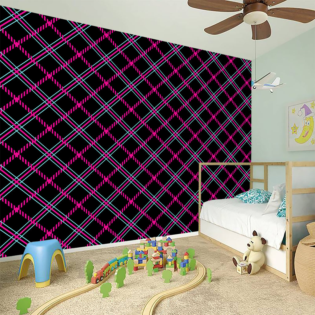 Black Pink And Blue Tartan Pattern Print Wall Sticker