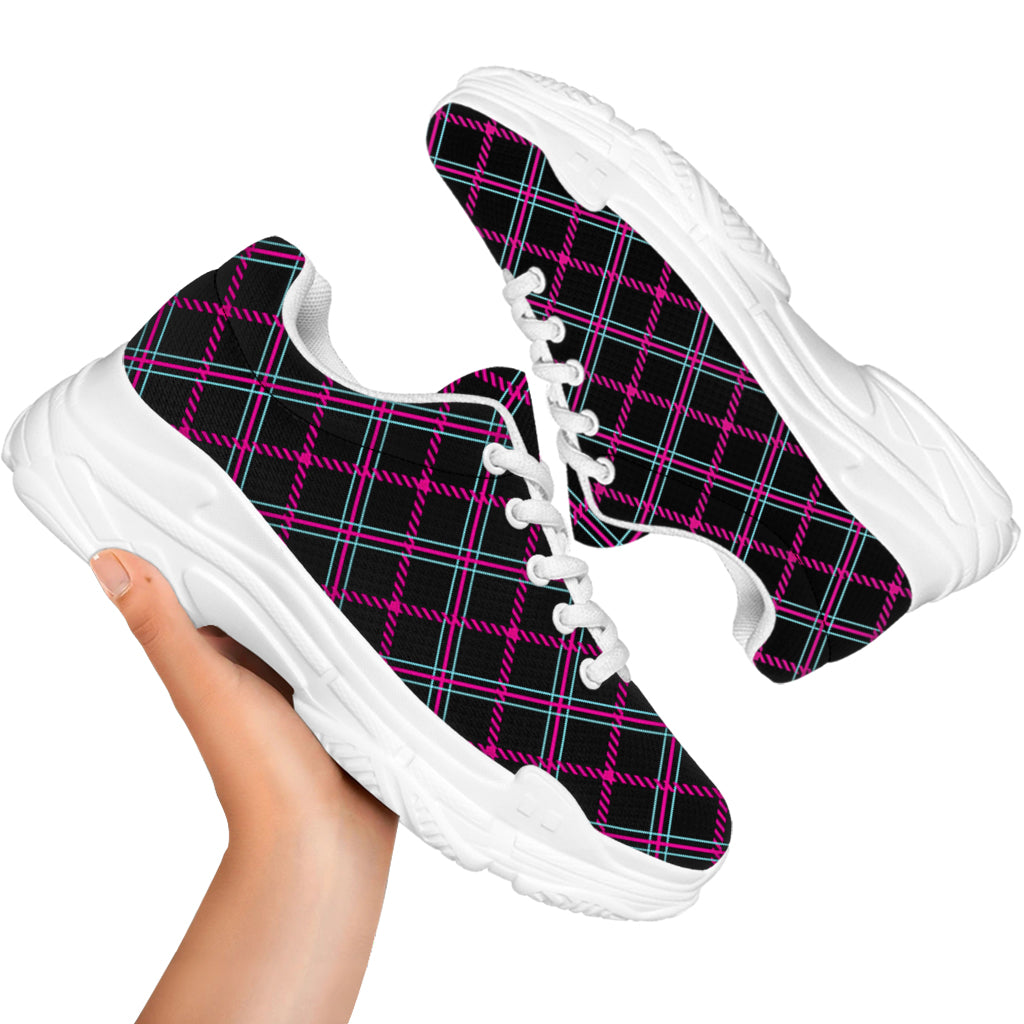 Black Pink And Blue Tartan Pattern Print White Chunky Shoes