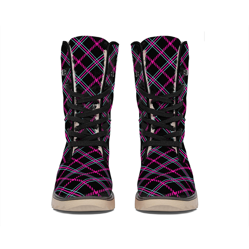 Black Pink And Blue Tartan Pattern Print Winter Boots