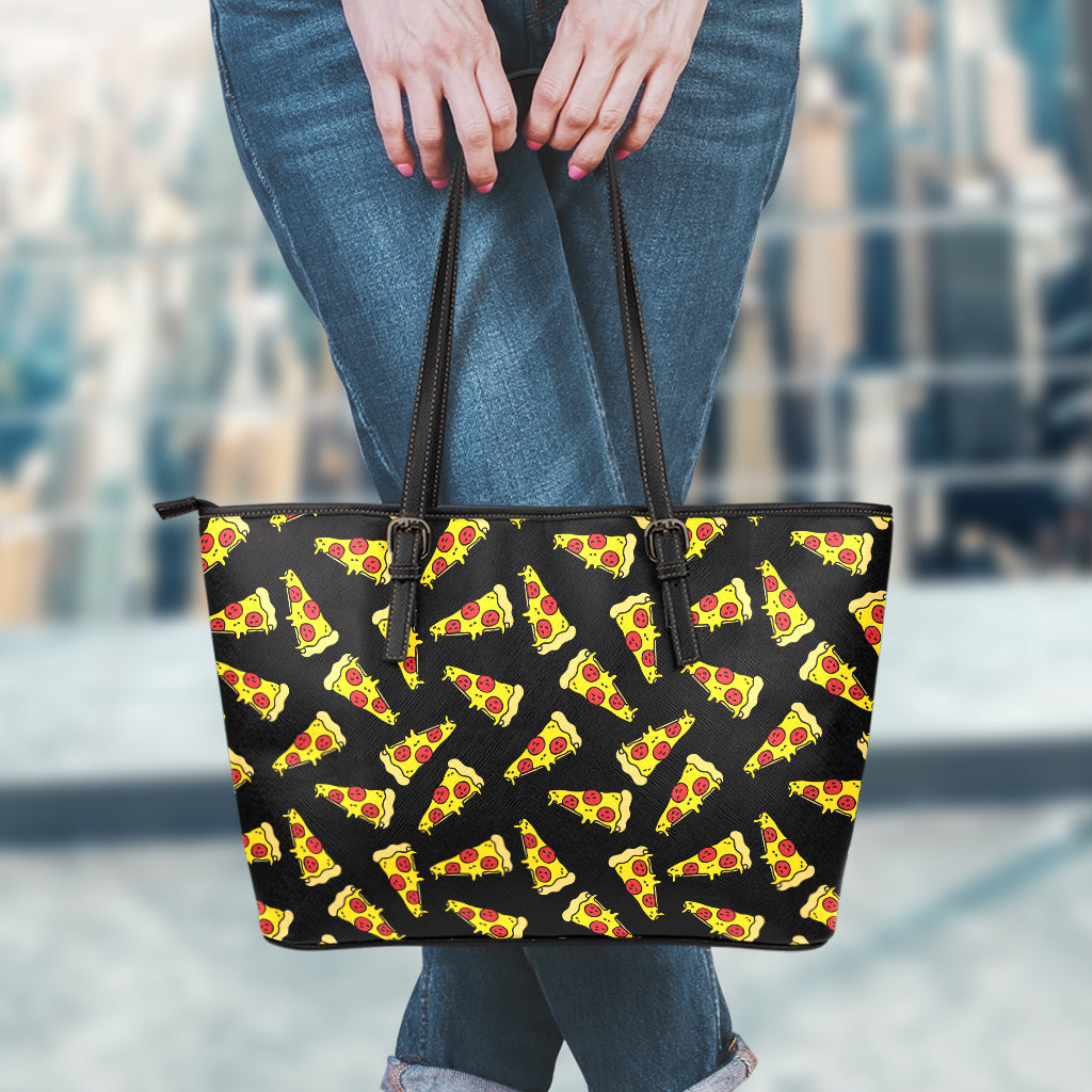 Black Pizza Pattern Print Leather Tote Bag