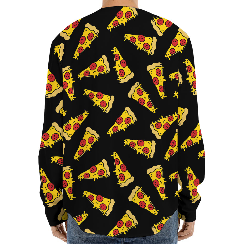 Black Pizza Pattern Print Long Sleeve Baseball Jersey