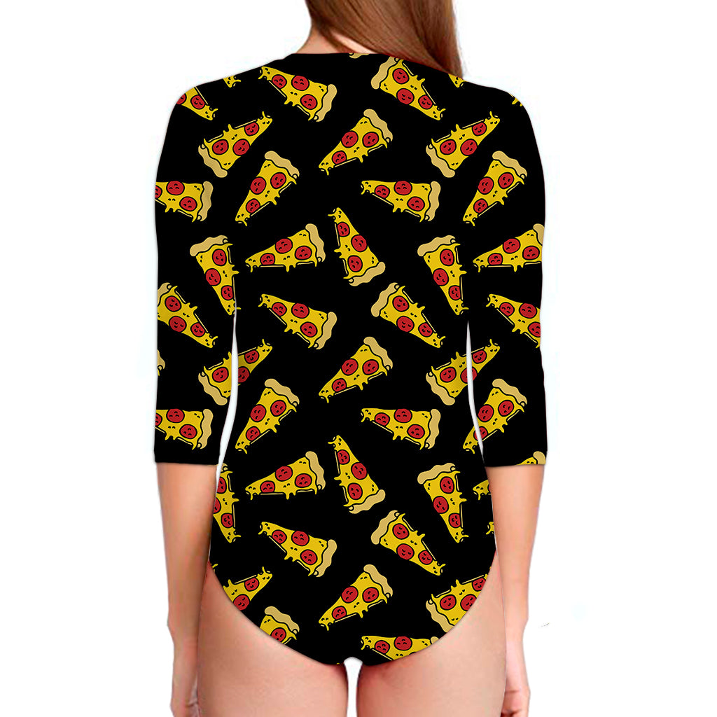 Black Pizza Pattern Print Long Sleeve Swimsuit