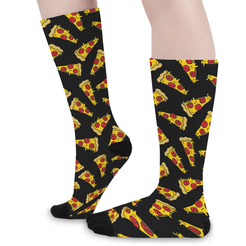Black Pizza Pattern Print Long Socks