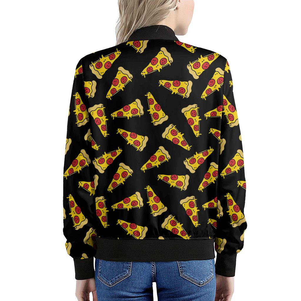 Black Pizza Pattern Print Women's Bomber Jacket