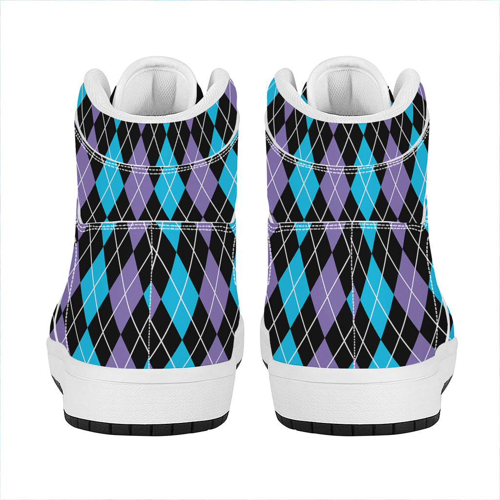 Black Purple And Blue Argyle Print High Top Leather Sneakers