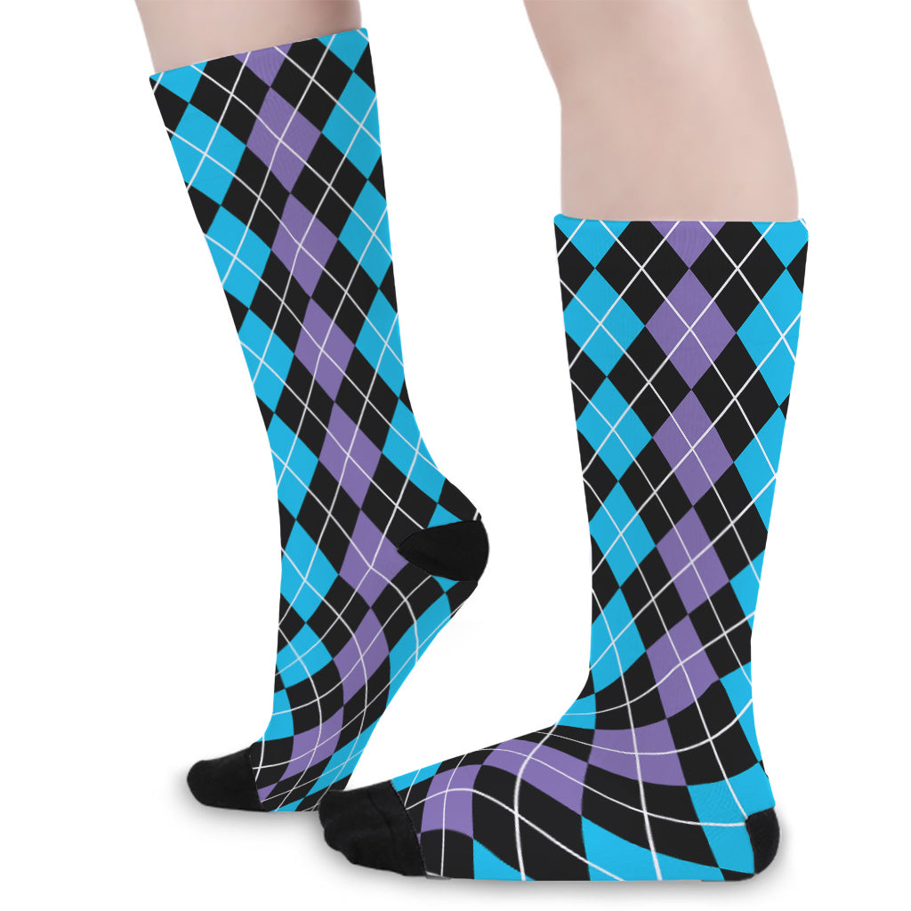 Black Purple And Blue Argyle Print Long Socks