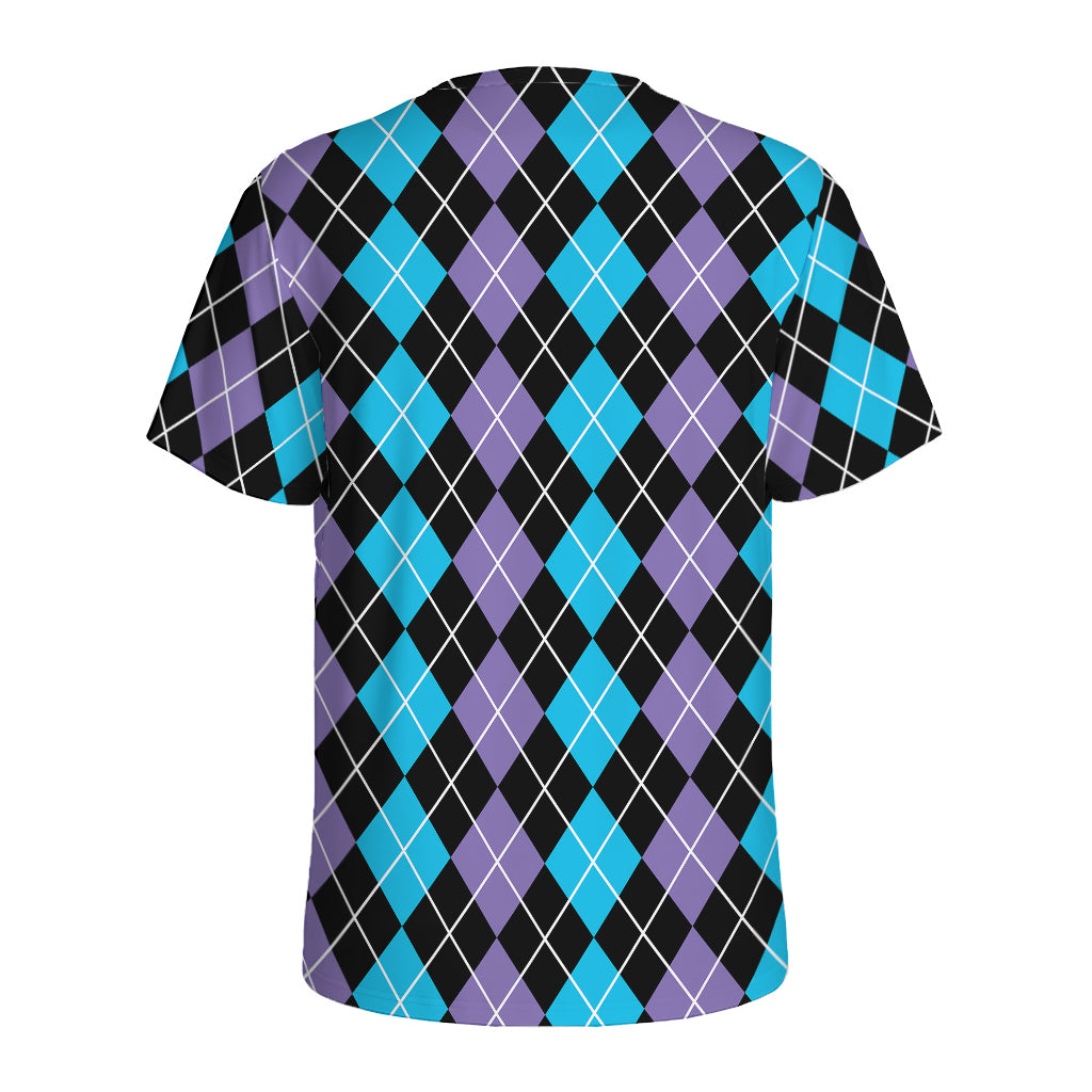Black Purple And Blue Argyle Print Men's Sports T-Shirt