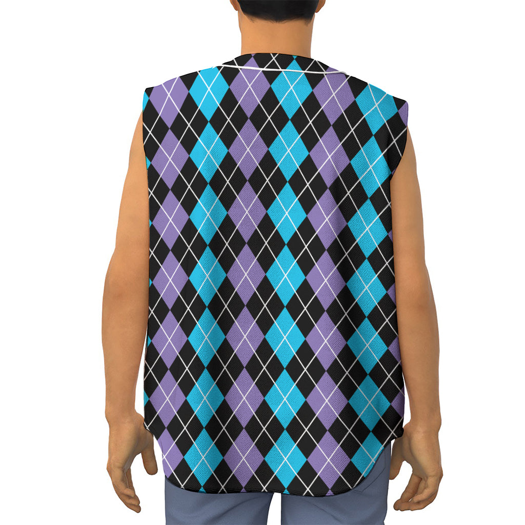 Black Purple And Blue Argyle Print Sleeveless Baseball Jersey