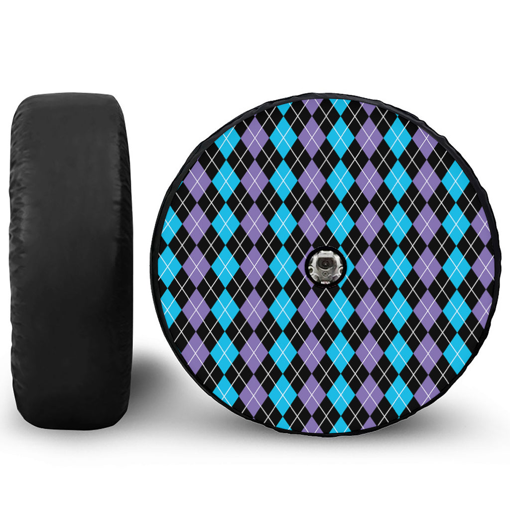 Black Purple And Blue Argyle Print Tire Cover With Camera Hole
