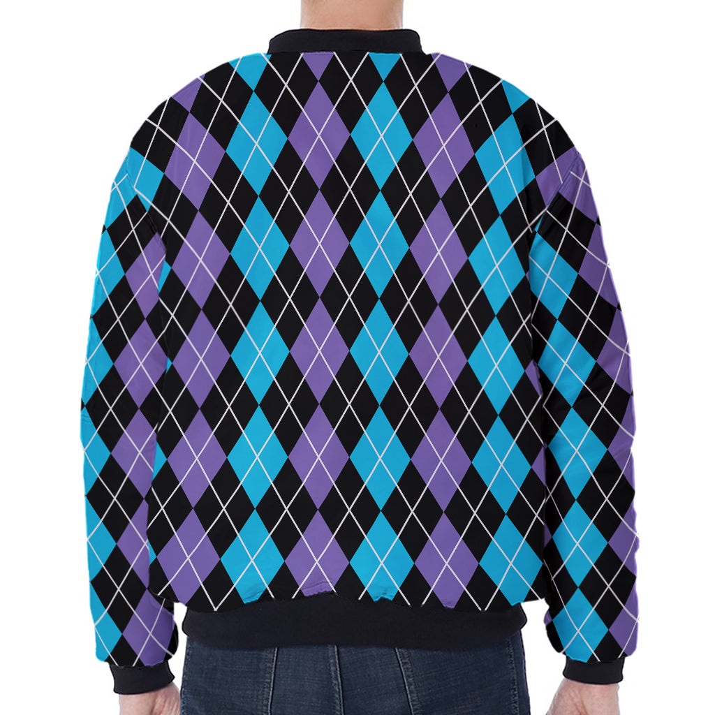 Black Purple And Blue Argyle Print Zip Sleeve Bomber Jacket