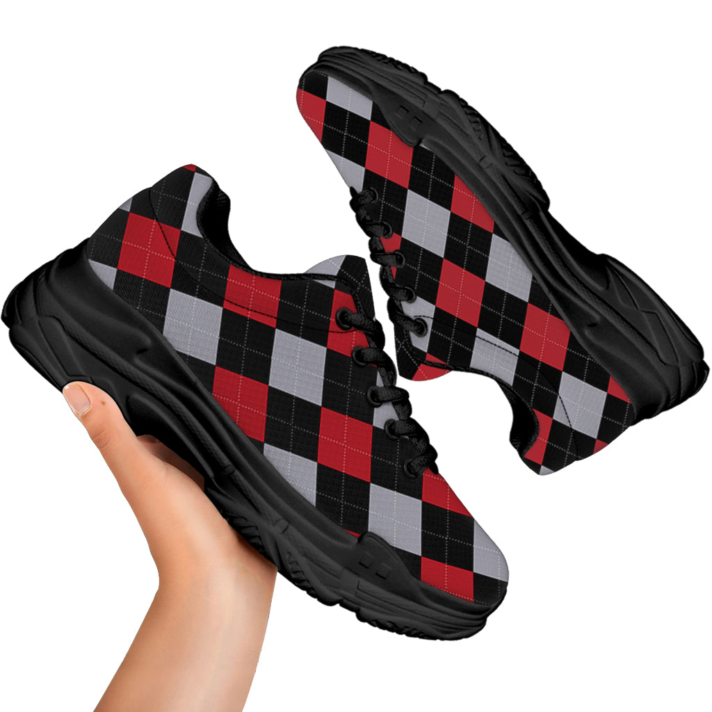 Black Red And Grey Argyle Pattern Print Black Chunky Shoes
