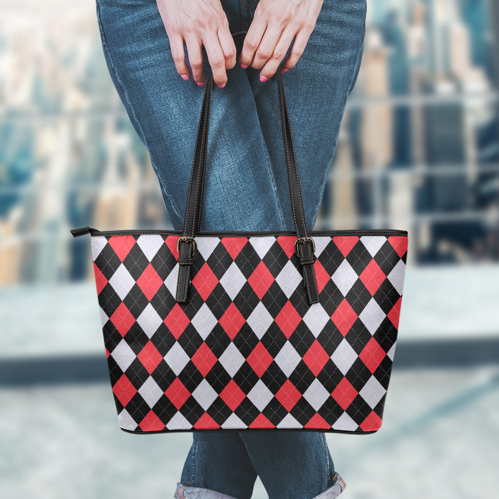 Black Red And Grey Argyle Pattern Print Leather Tote Bag