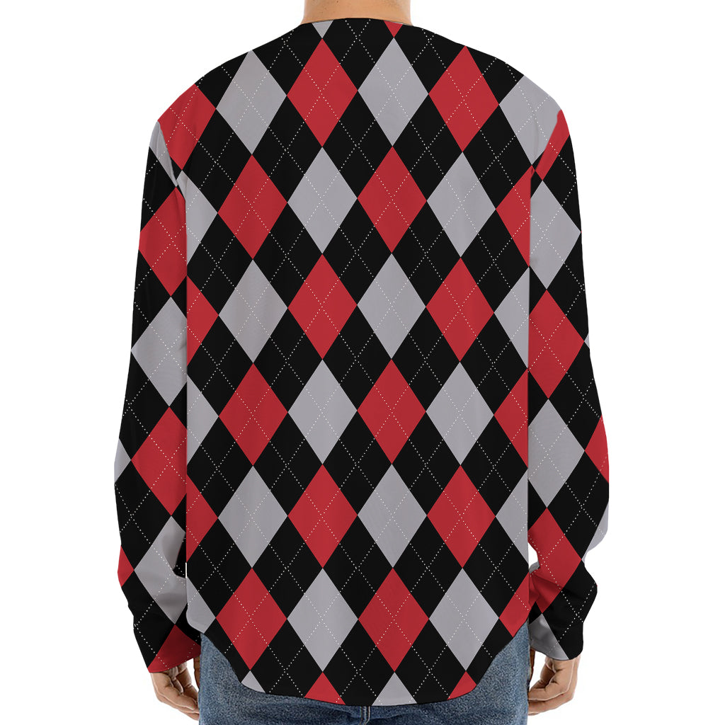 Black Red And Grey Argyle Pattern Print Long Sleeve Baseball Jersey