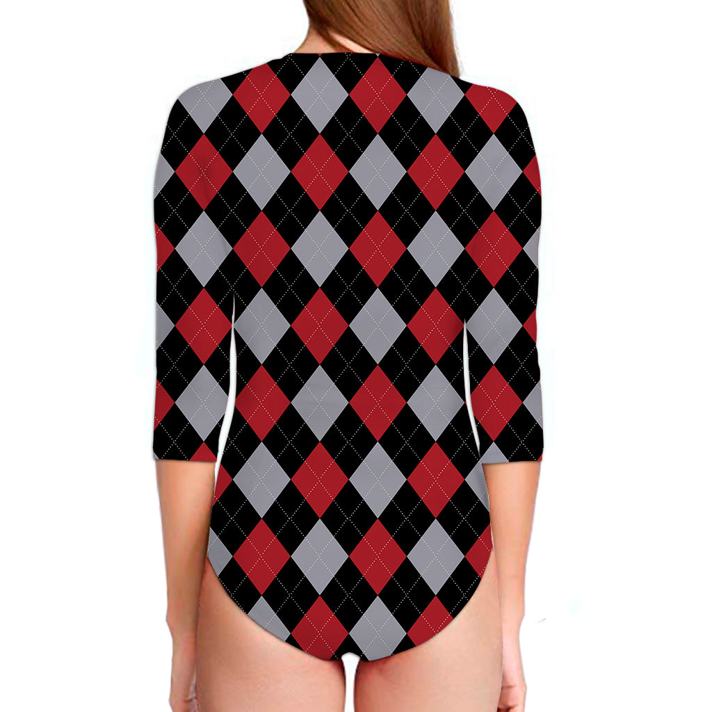 Black Red And Grey Argyle Pattern Print Long Sleeve Swimsuit