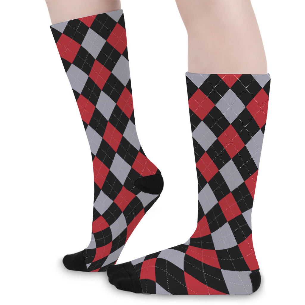Black Red And Grey Argyle Pattern Print Long Socks
