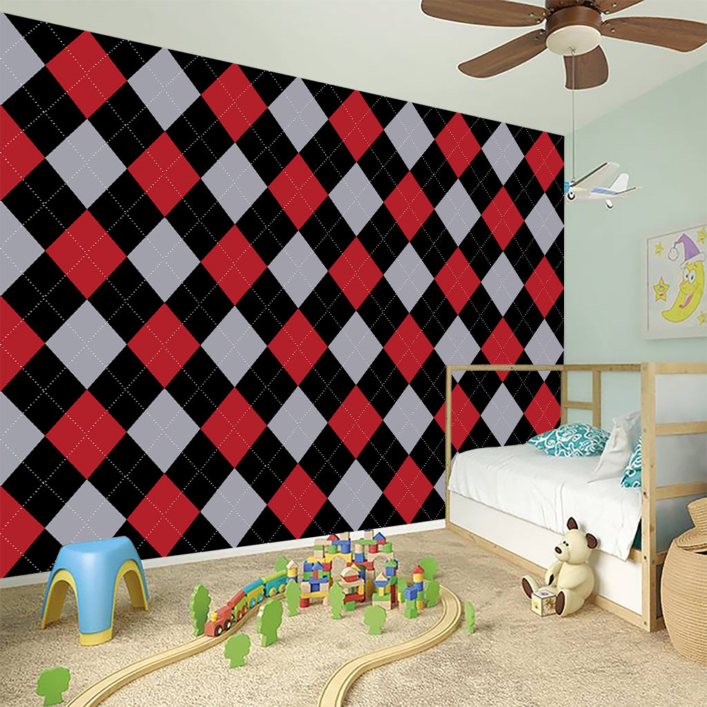 Black Red And Grey Argyle Pattern Print Wall Sticker