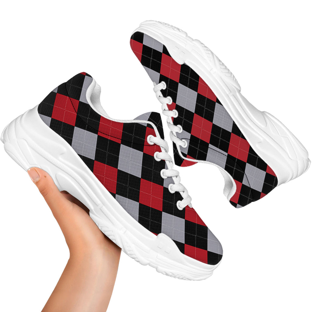 Black Red And Grey Argyle Pattern Print White Chunky Shoes