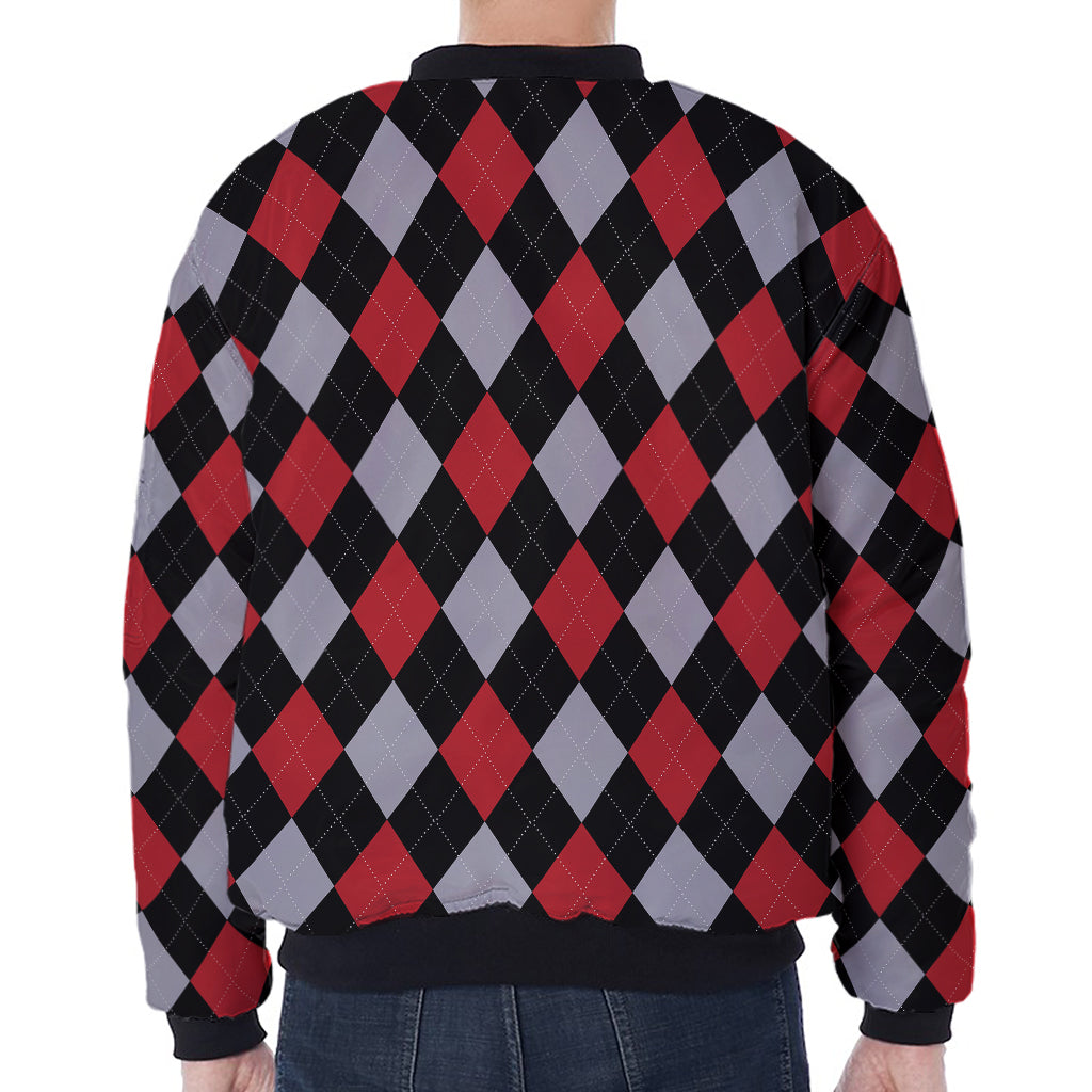 Black Red And Grey Argyle Pattern Print Zip Sleeve Bomber Jacket