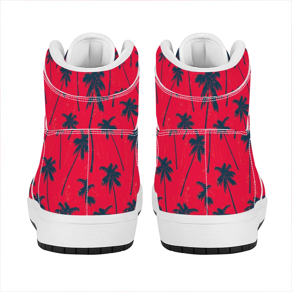 Black Red Palm Tree Pattern Print High Top Leather Sneakers