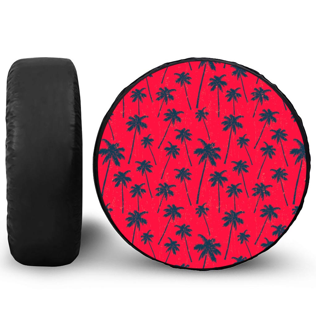 Black Red Palm Tree Pattern Print Leather Spare Tire Cover