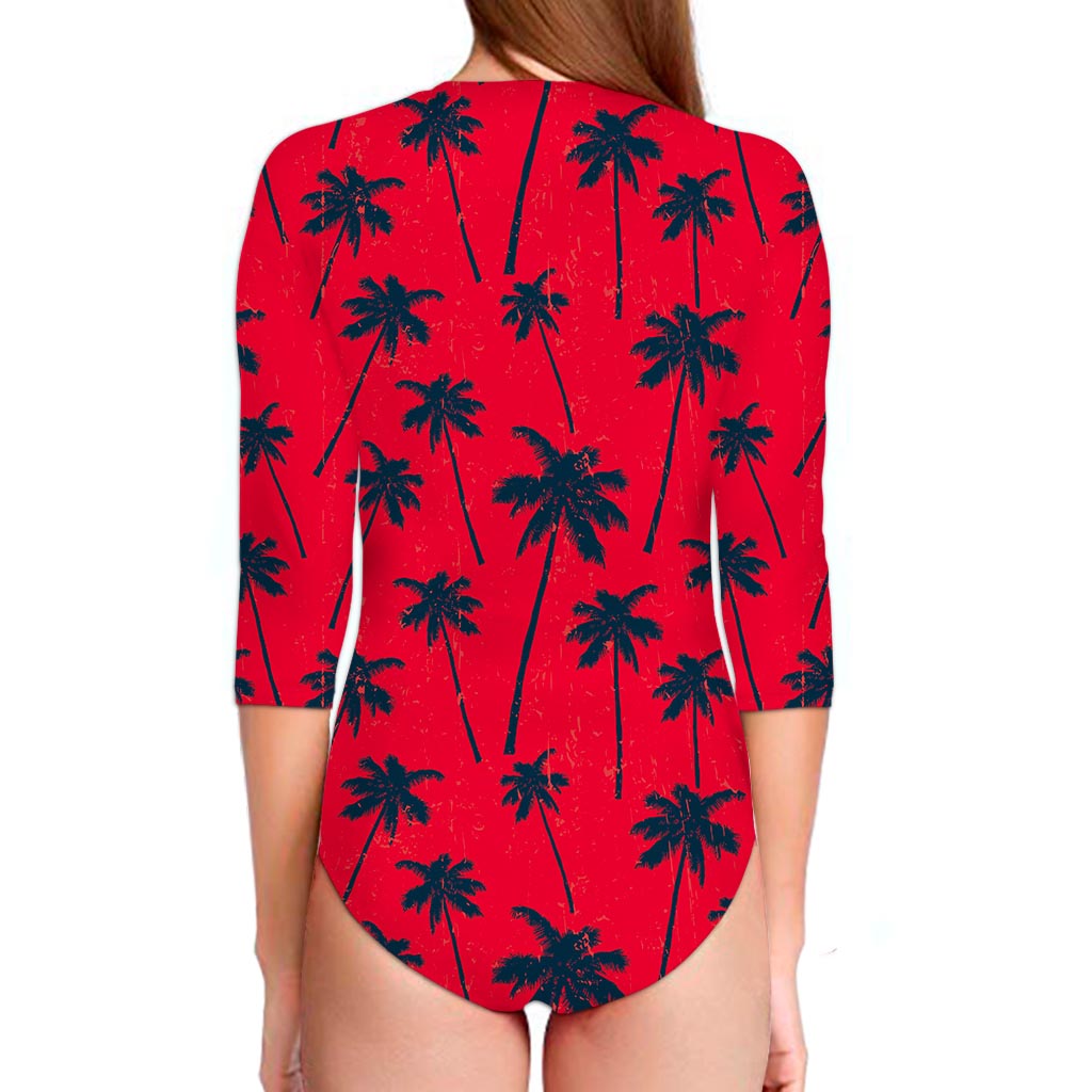 Black Red Palm Tree Pattern Print Long Sleeve Swimsuit