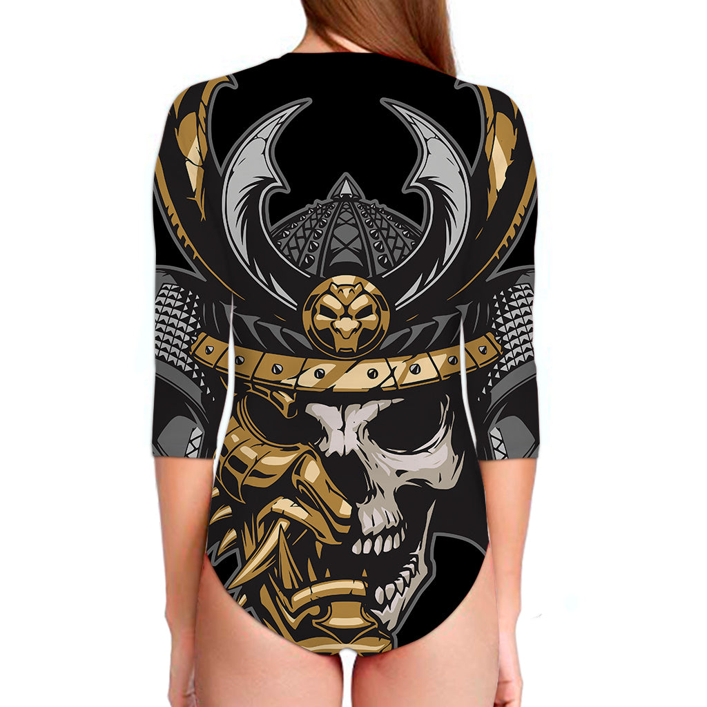 Black Samurai Skull Print Long Sleeve Swimsuit