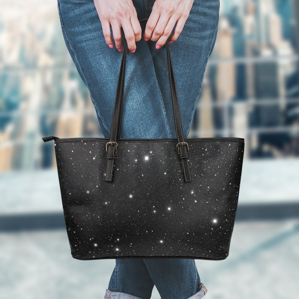 Black Space Print Leather Tote Bag