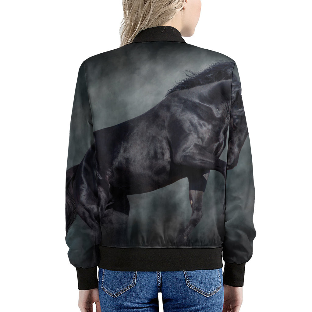Black Stallion Horse Print Women's Bomber Jacket