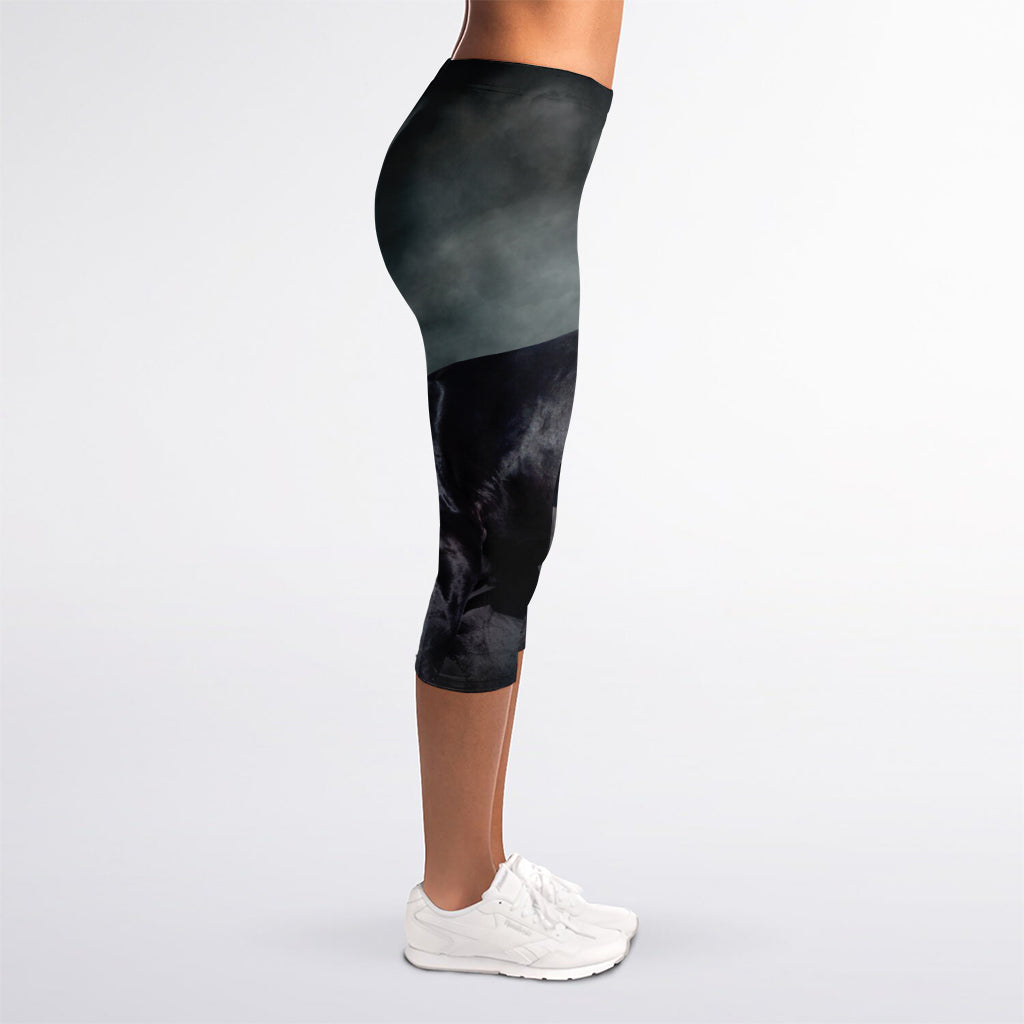 Black Stallion Horse Print Women's Capri Leggings