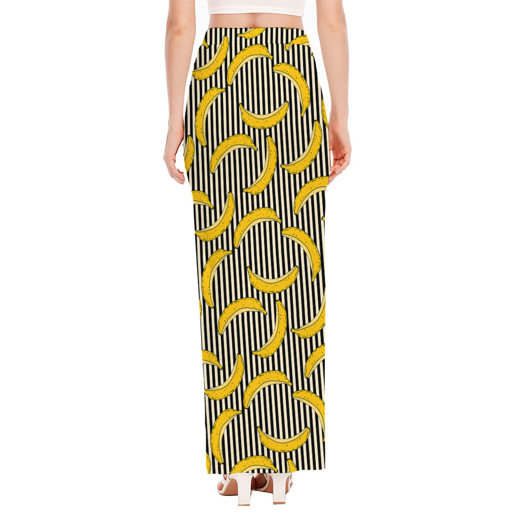 Black Striped Banana Pattern Print High Slit Maxi Skirt