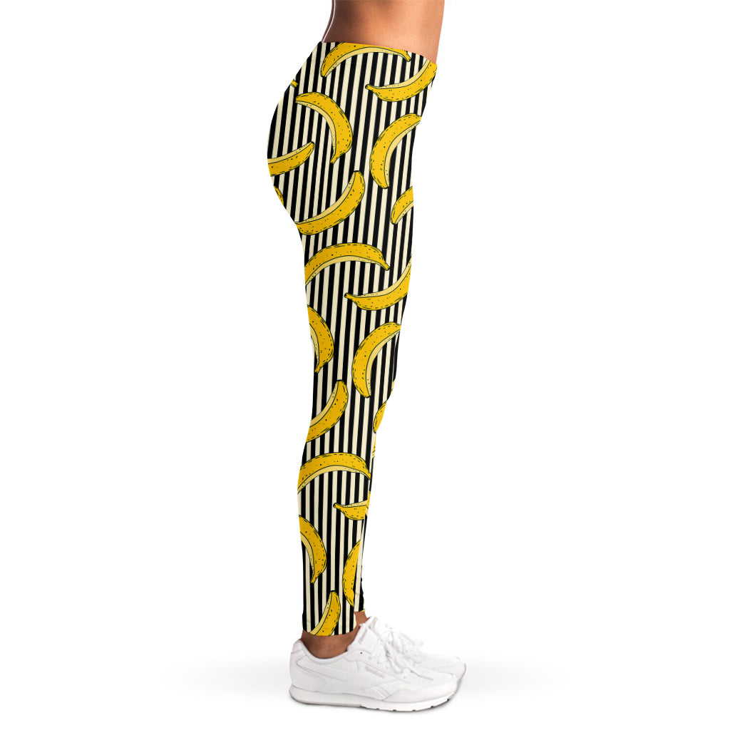 Black Striped Banana Pattern Print Women's Leggings