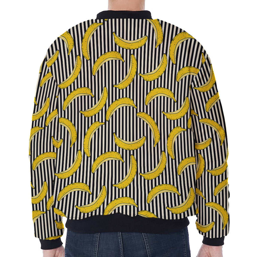 Black Striped Banana Pattern Print Zip Sleeve Bomber Jacket