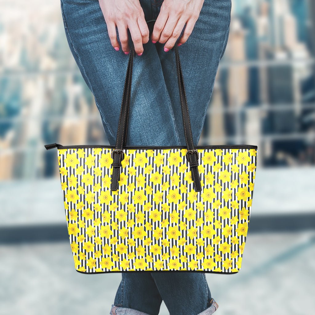 Black Striped Daffodil Pattern Print Leather Tote Bag