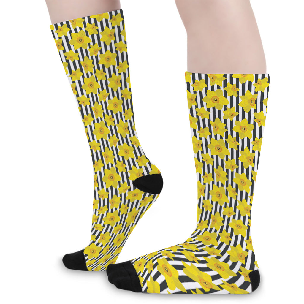 Black Striped Daffodil Pattern Print Long Socks