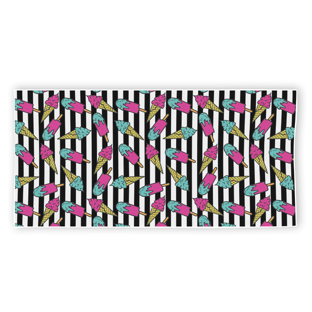 Black Striped Ice Cream Pattern Print Beach Towel