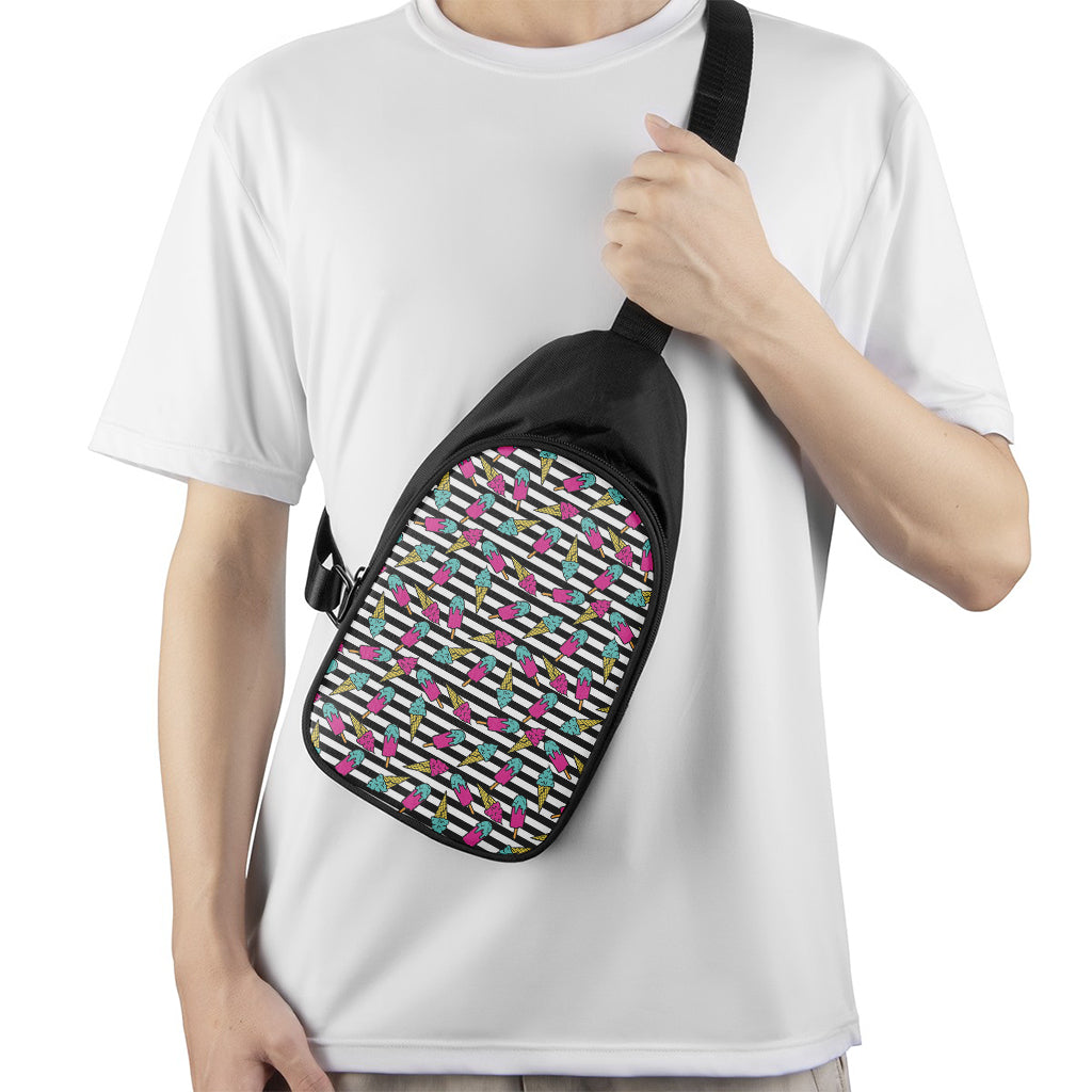 Black Striped Ice Cream Pattern Print Chest Bag