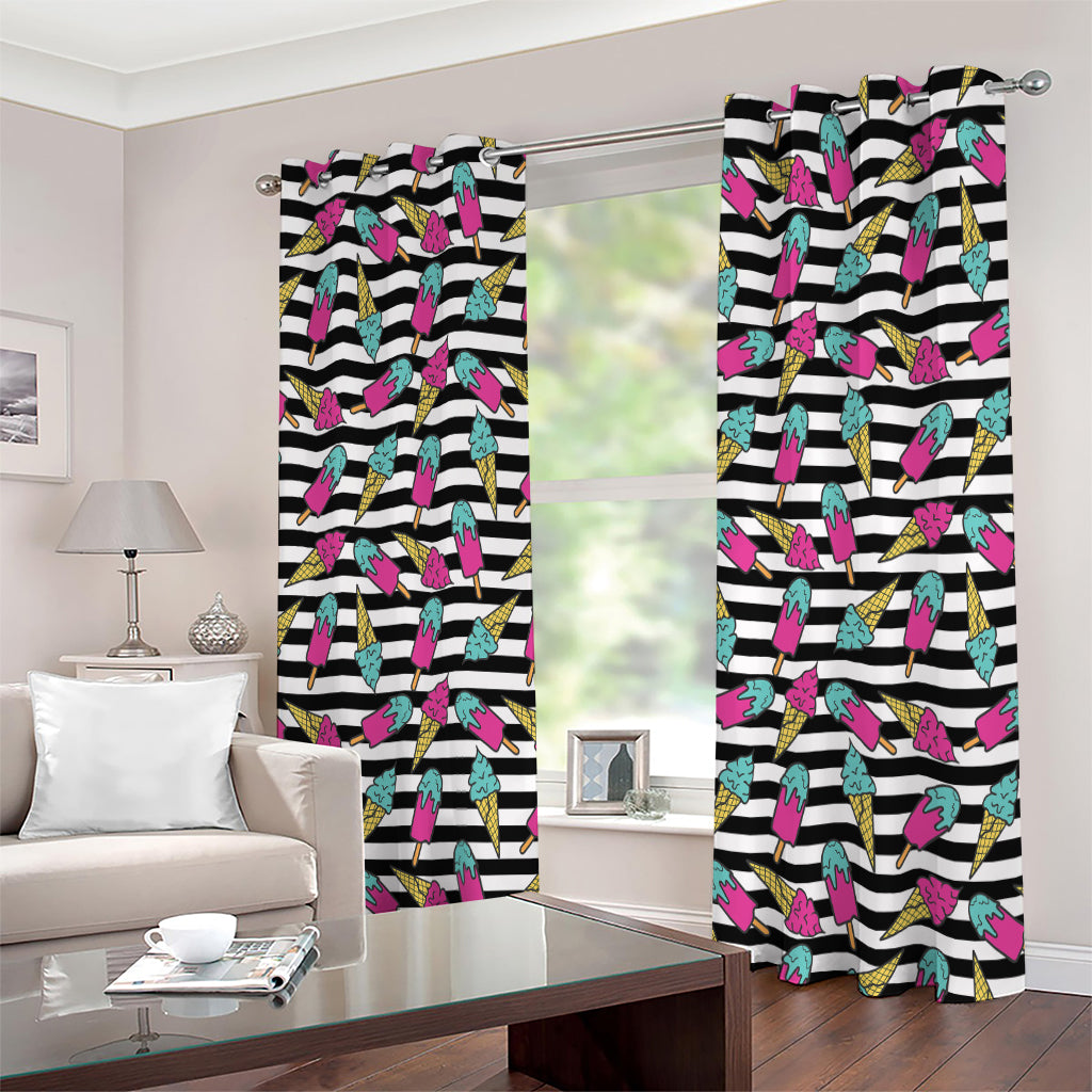 Black Striped Ice Cream Pattern Print Extra Wide Grommet Curtains