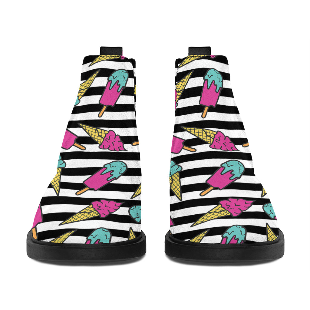 Black Striped Ice Cream Pattern Print Flat Ankle Boots