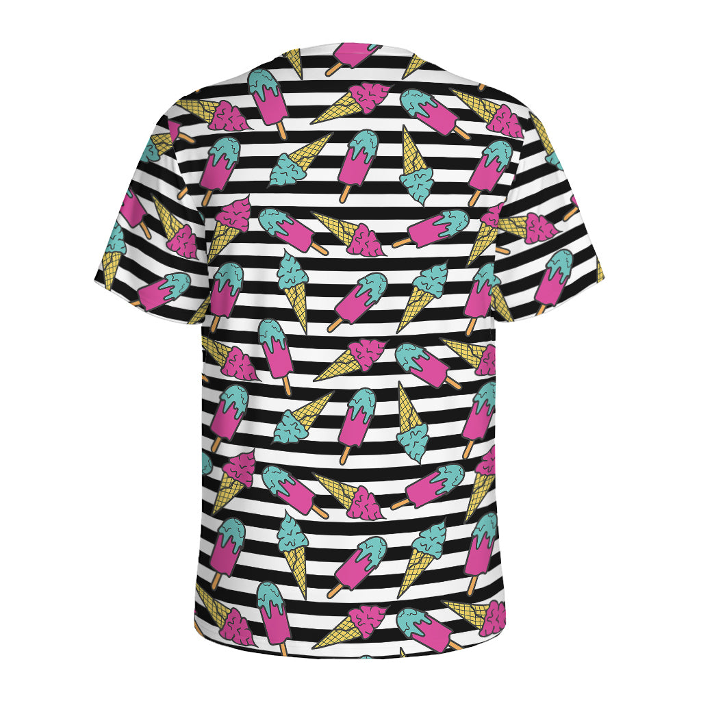 Black Striped Ice Cream Pattern Print Men's Sports T-Shirt